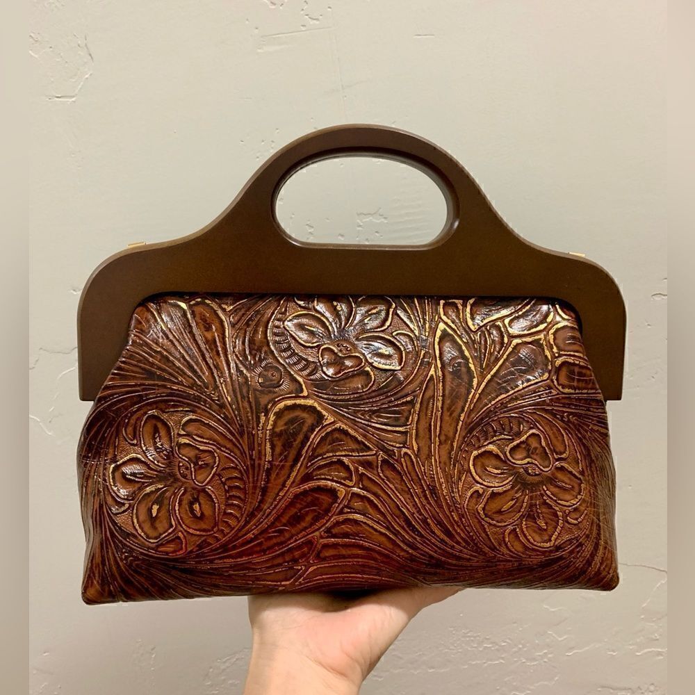 Vintage Style Handmade Genuine Embossed Leather Wooden Frame Bag/Crossbody - Picture 5 of 16